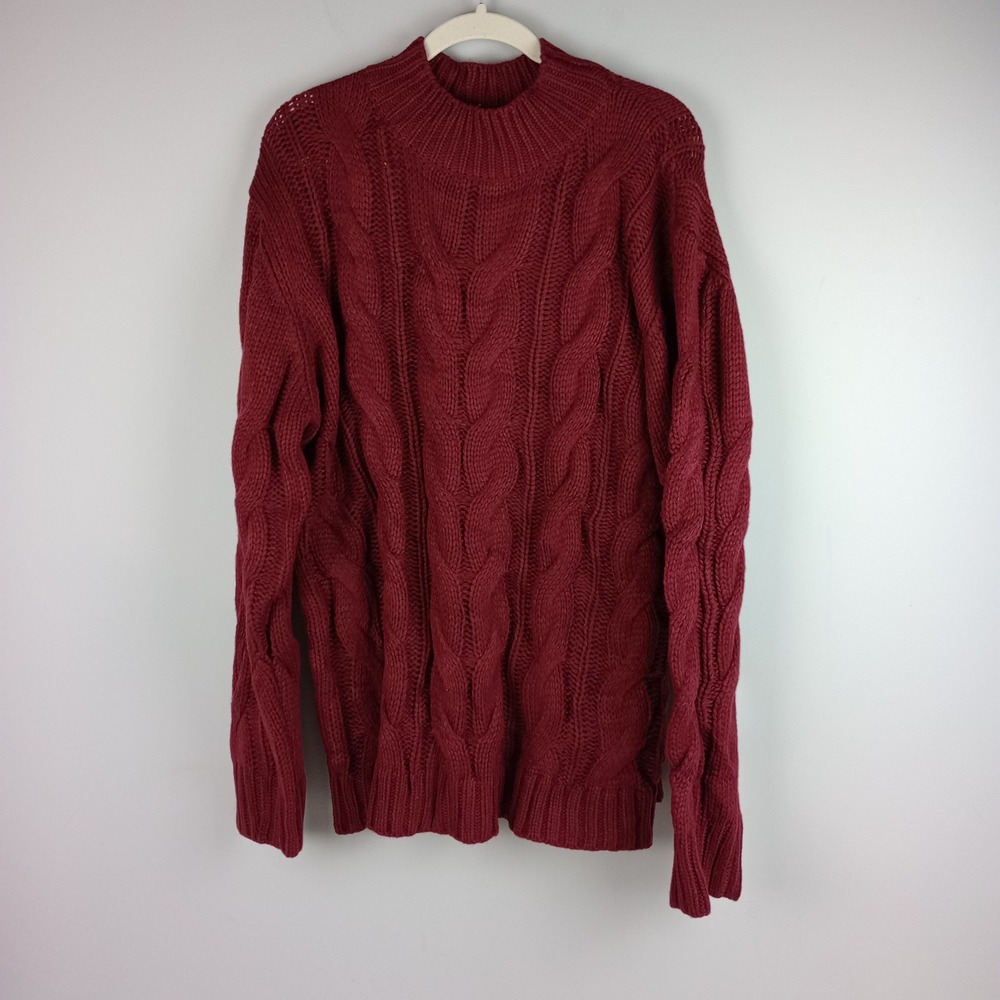 Unbranded Womens XXL Burgundy Cable Knit Long Sleeve Mock Neck Pullover Sweater